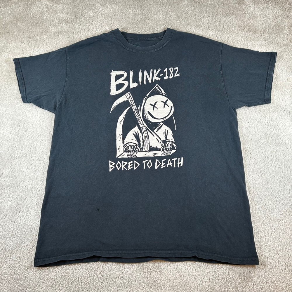 Blink-182 Bored to Death T-Shirt Mens L Black Reaper Smiley Graphic Band Tee Y2K
